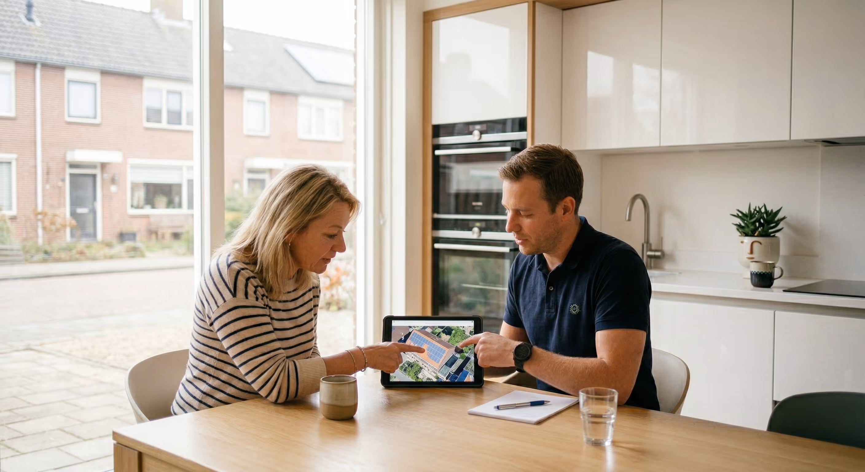 Klant en adviseur bekijken een tablet samen in een moderne keuken