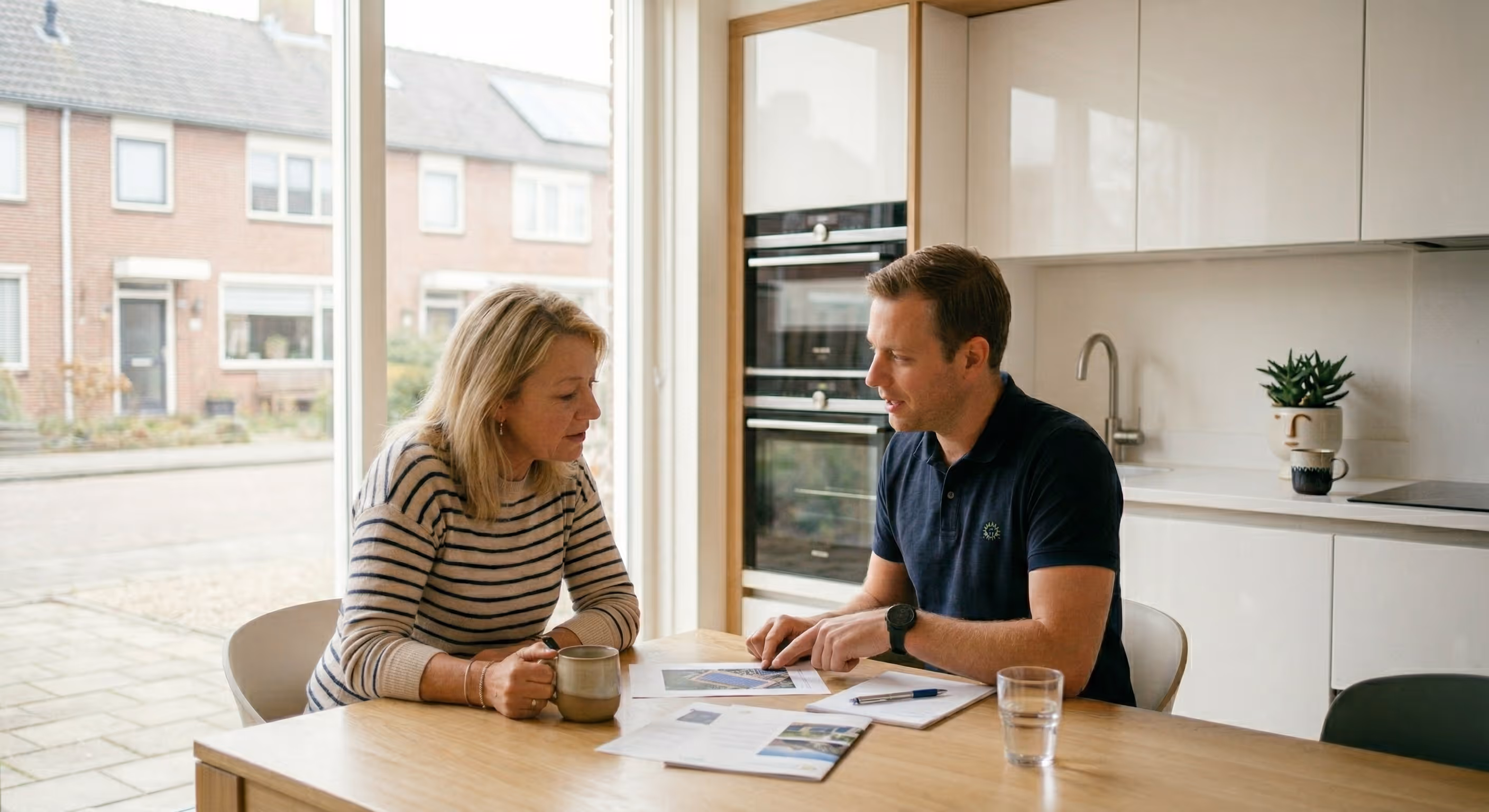Adviseur en klant bespreken zonnepanelen aan tafel in een keuken