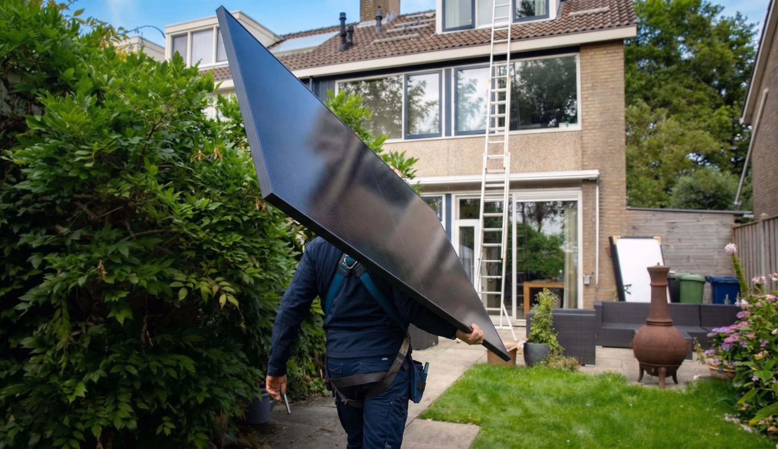 Installateur plaatst zonnepanelen op het schuine dak van een woning