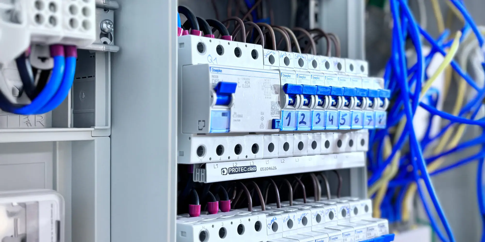 Nahaufnahme eines Elektroschaltkastens mit blauen Sicherungsschaltern