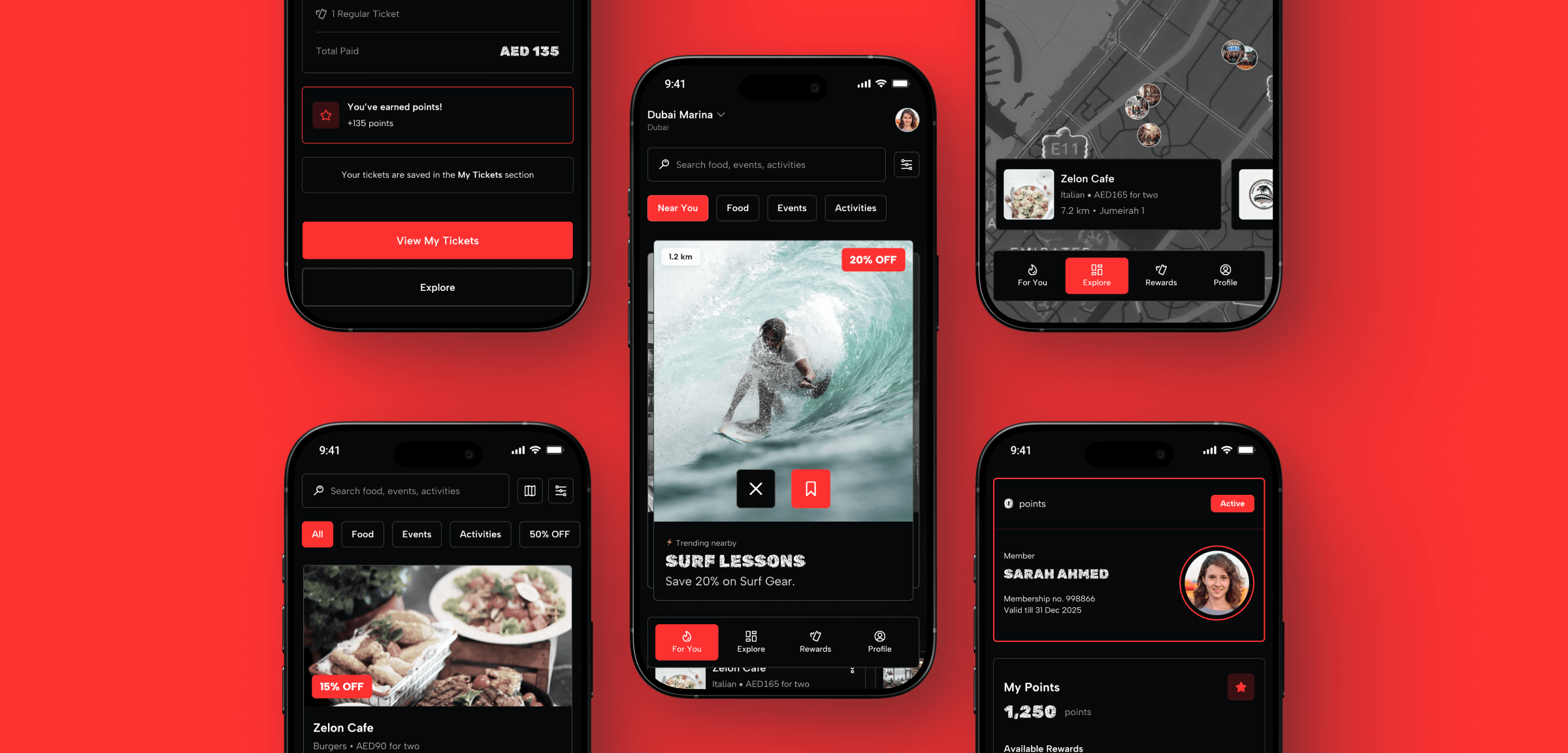 Teenerz mobile app screens showing event discovery, ticket booking, rewards, and teen profiles in the UAE