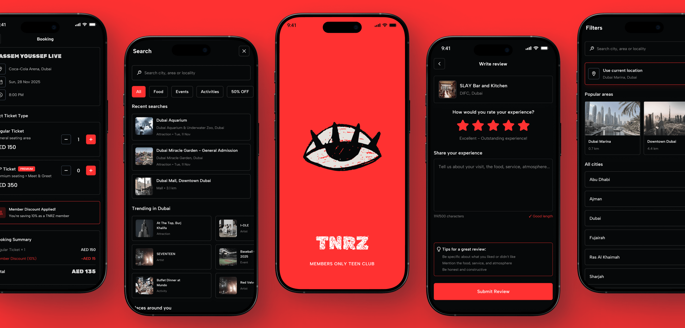 Teenerz mobile app screens showing event discovery, ticket booking, rewards, and teen profiles in the UAE