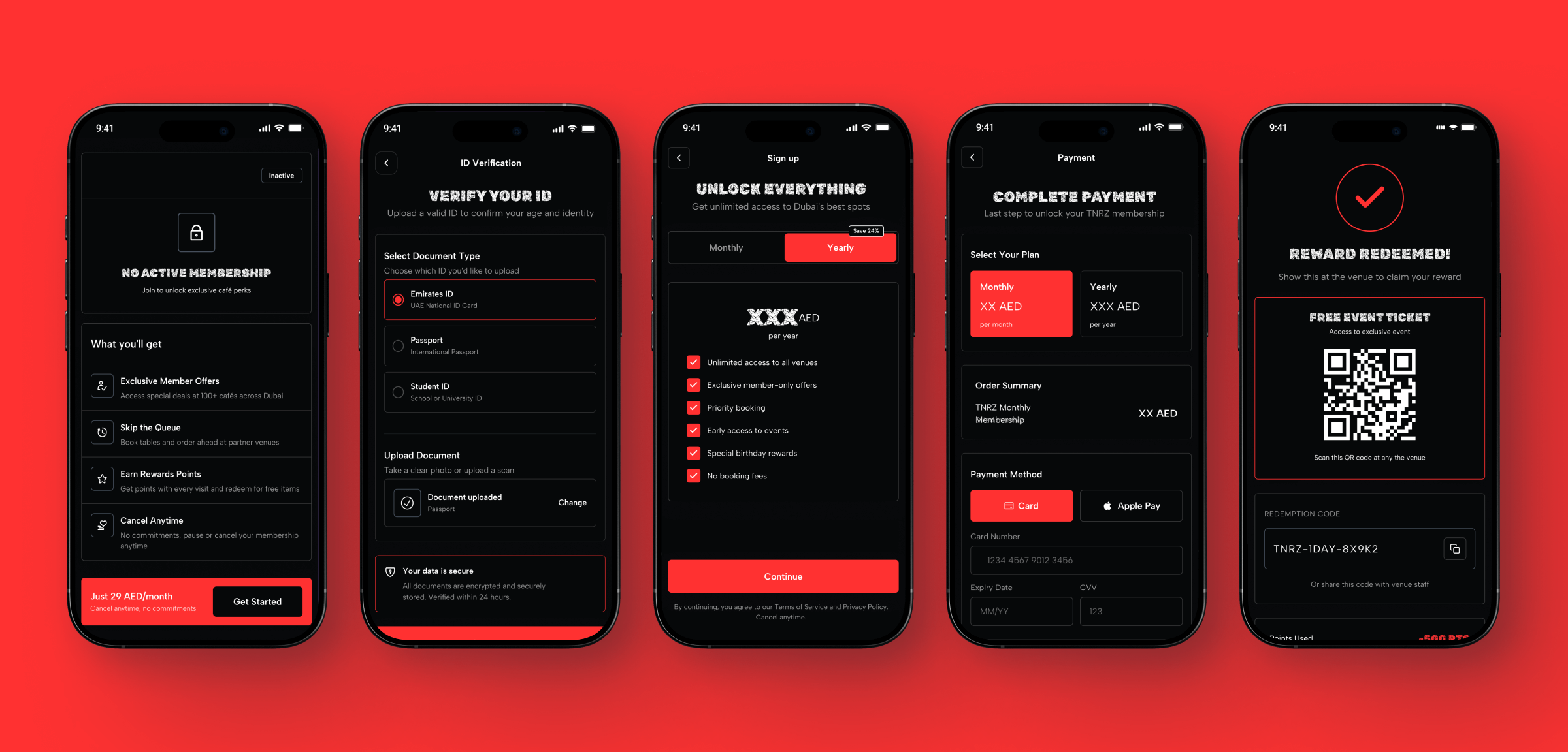 Teenerz mobile app screens showing event discovery, ticket booking, rewards, and teen profiles in the UAE