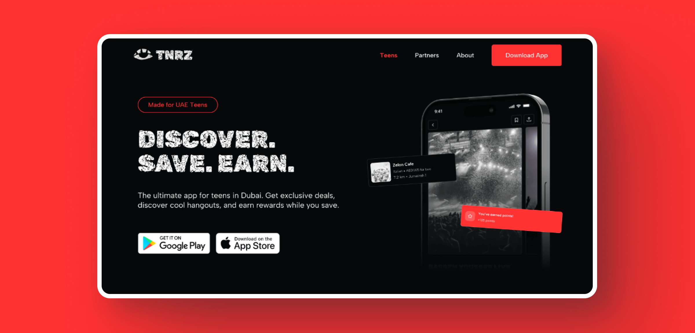 Teenerz website and mobile app screens showing teen event discovery, ticket booking, and rewards in the UAE