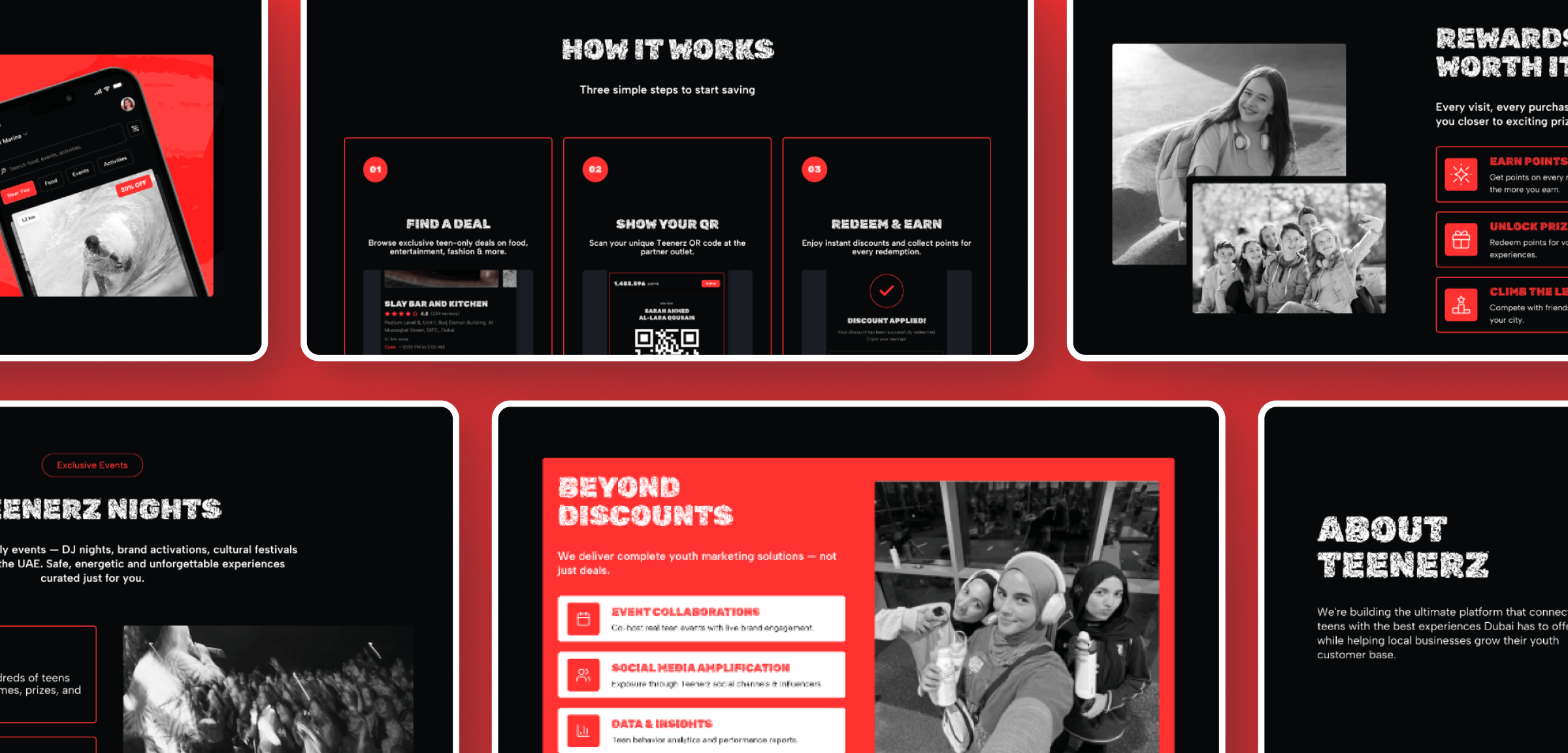 Teenerz website and mobile app screens showing teen event discovery, ticket booking, and rewards in the UAE