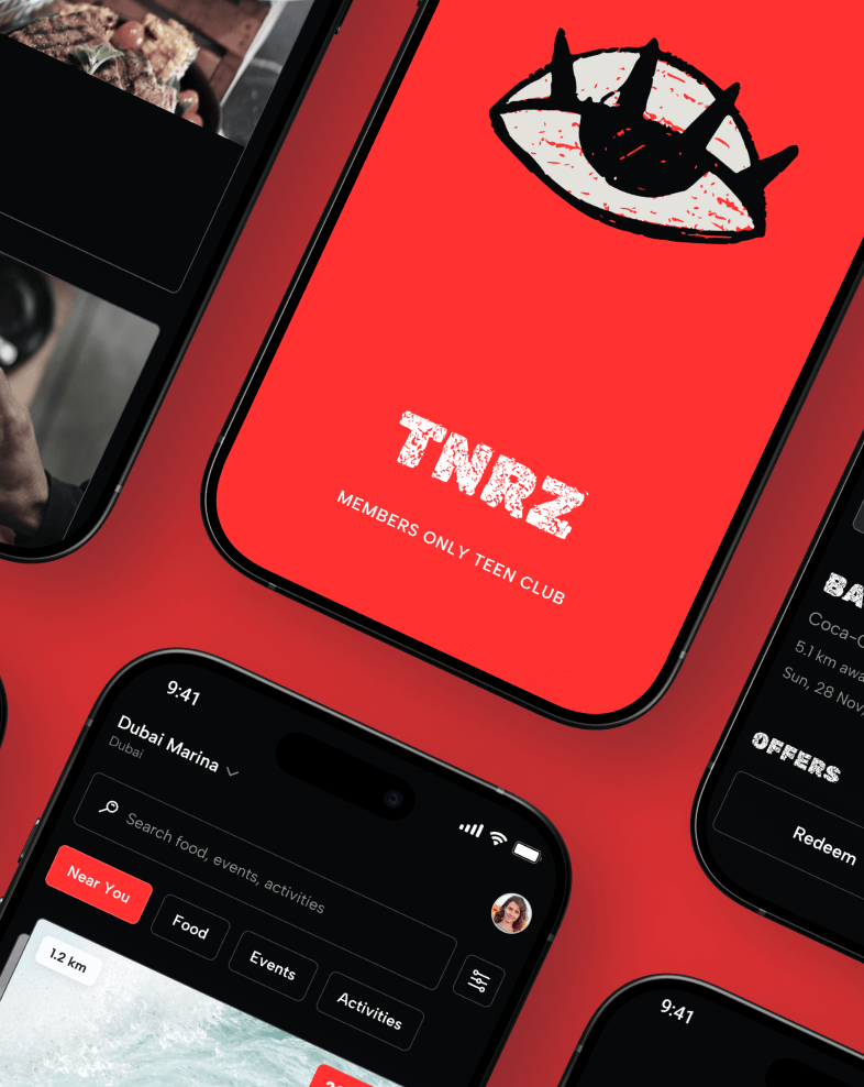 Teenerz mobile app screens showing event discovery, ticket booking, rewards, and teen profiles in the UAE