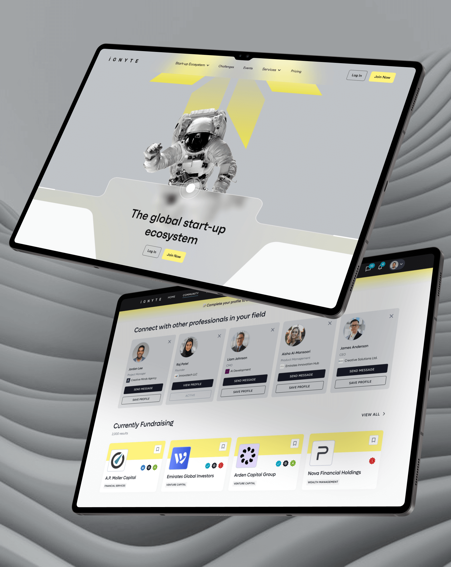 Ignyte by DIFC Fintech – Sleek UI/UX design for a fintech application, emphasizing user-friendly financial tools.