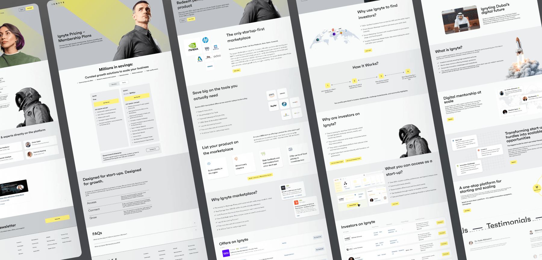 Ignyte website overview – Composite image displaying homepage, about, and program pages with consistent UX/UI design and DIFC branding
