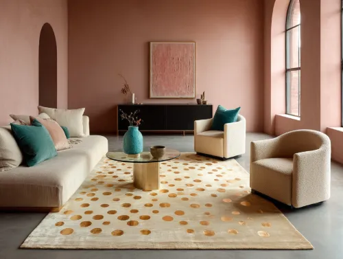 Gold dot pattern rug.