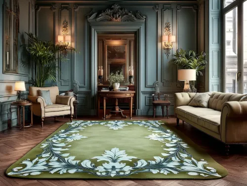  Ornate floral green rug.