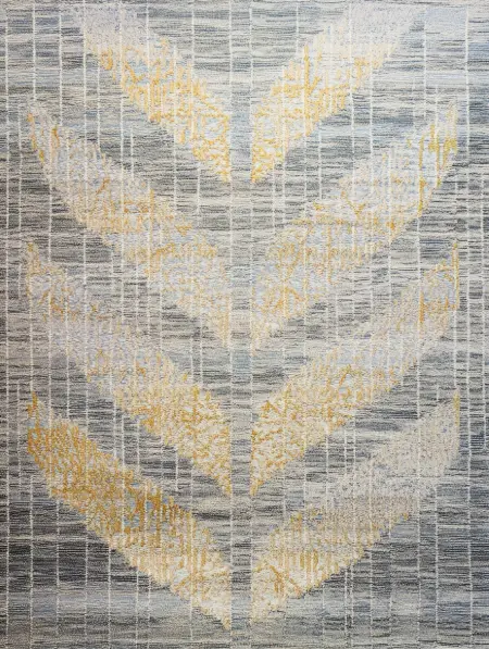 Modern patterned rug in living room.