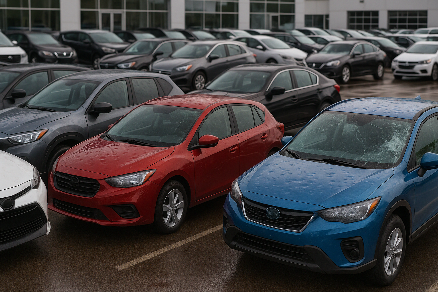 Hail damaged cars in a dealer parking lot