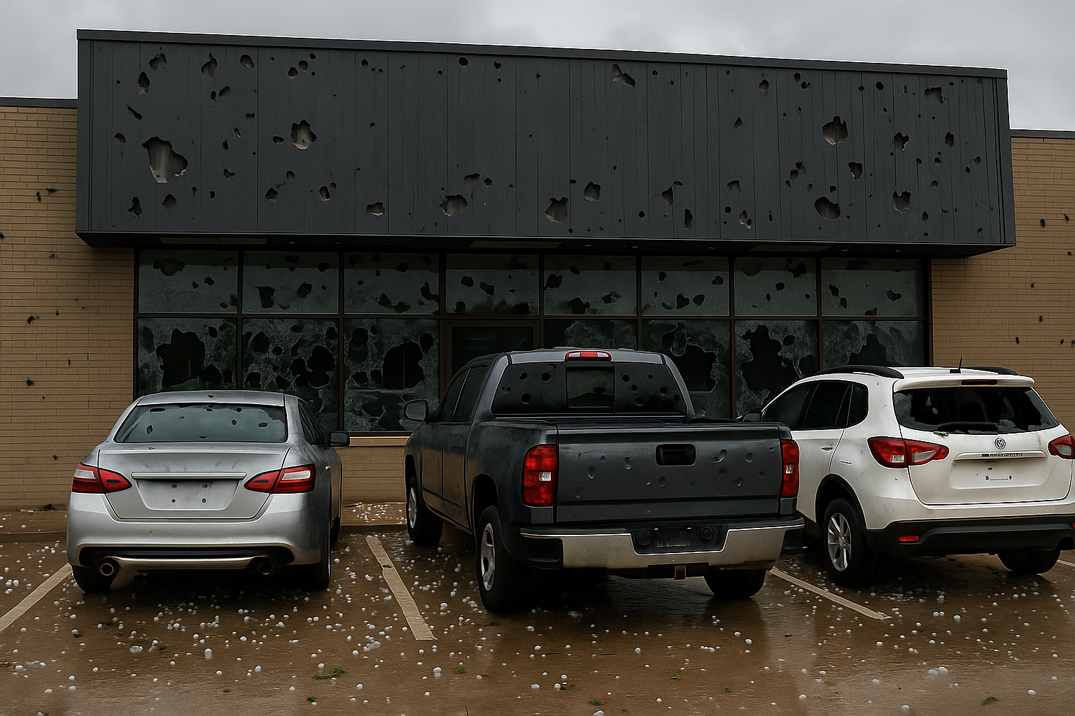 Hail damaged cars and building