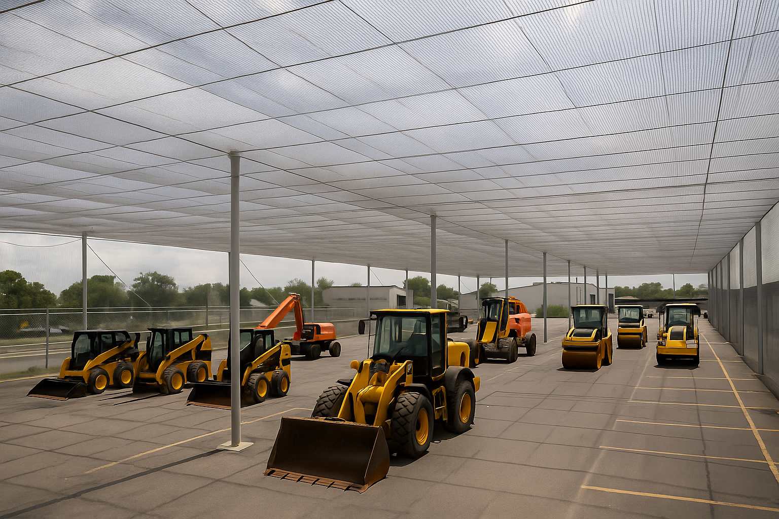 Hail netting covering parked industrial vehicles like construction equipment