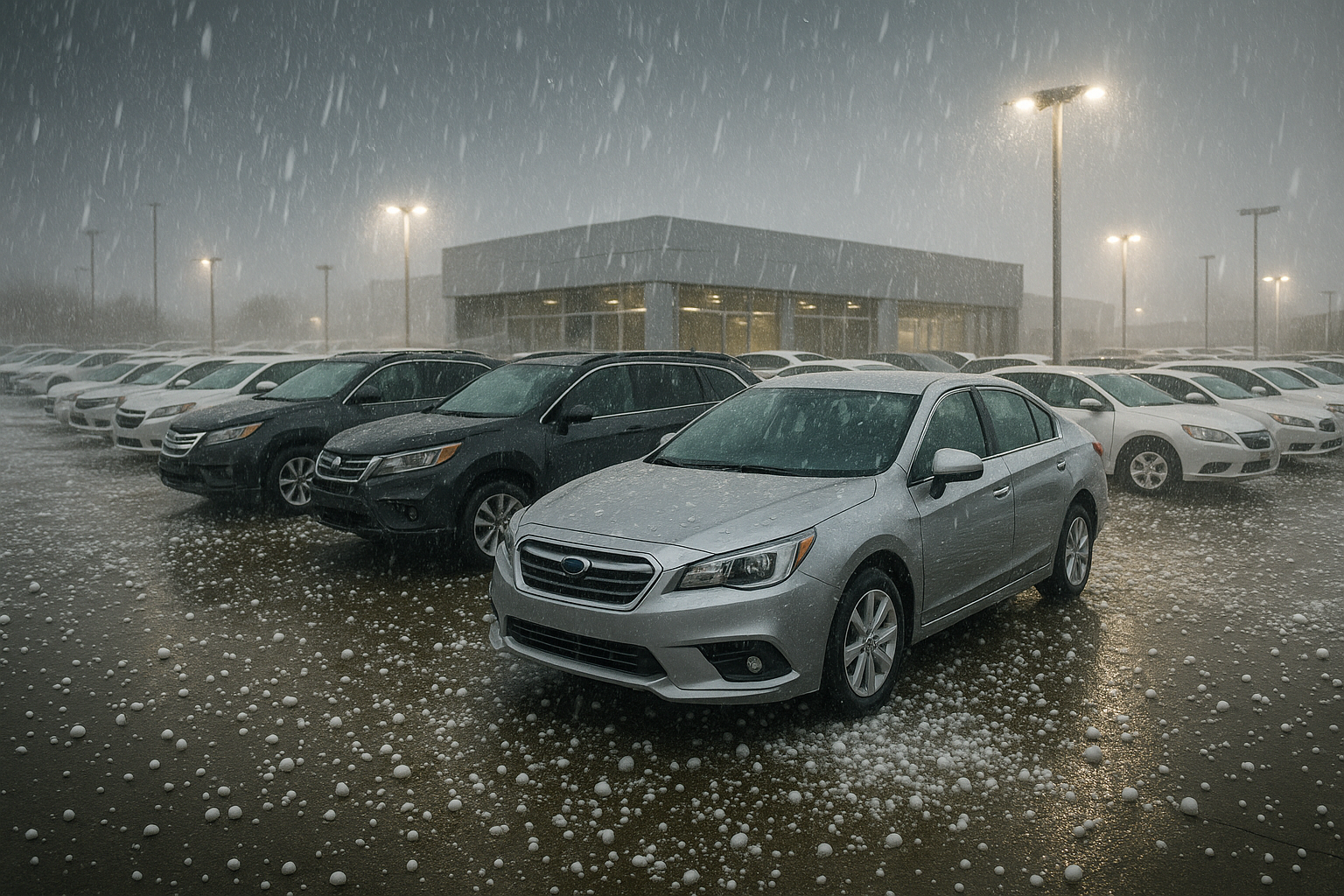 cars parked in dealership parking lot in a hail storm