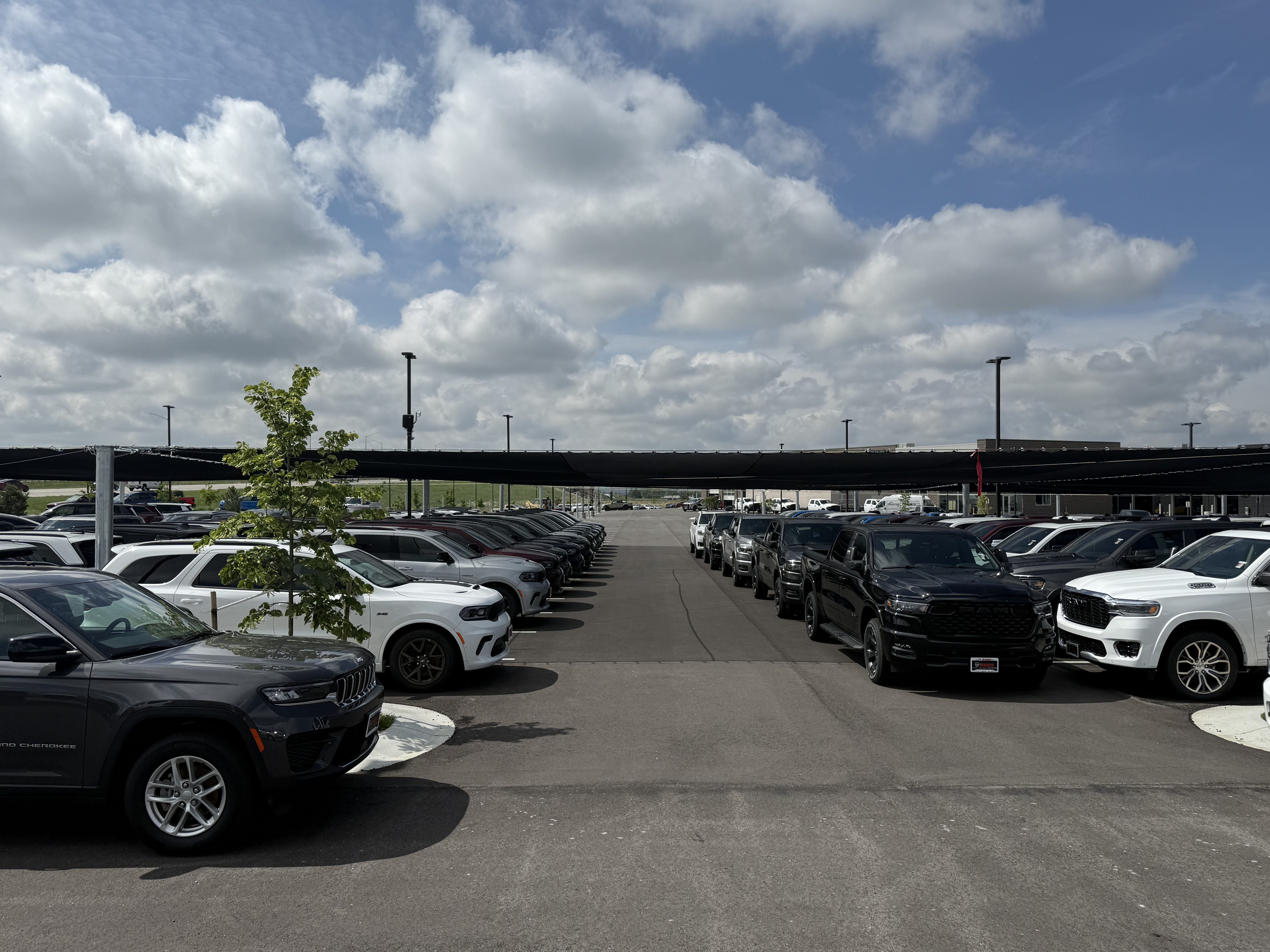 trucks parked under hail netting in a parking lot