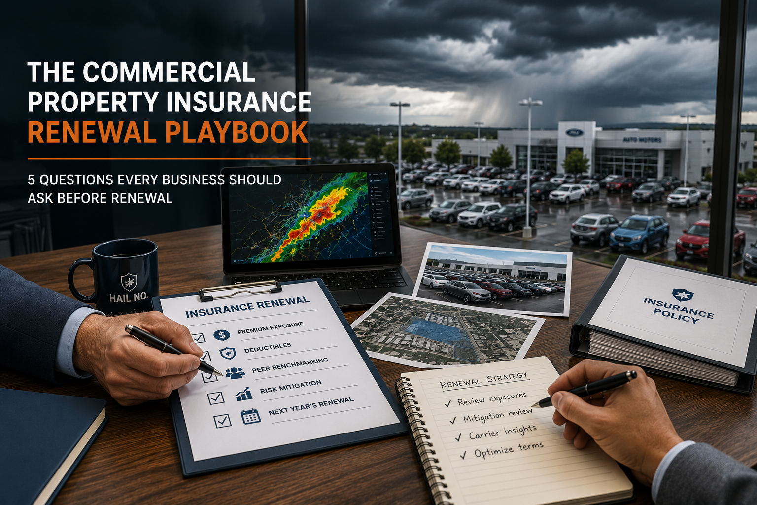 Checklist on clipboard in office for commercial insurance renewal