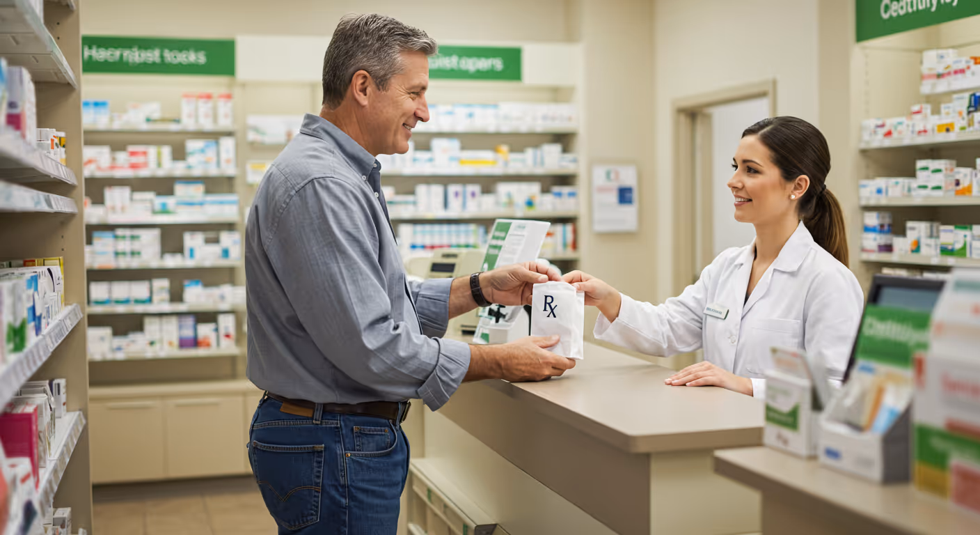 A middle aged man picking up his prescription erectile dysfunction medicine from a female pharmacist at a pharmacy desk