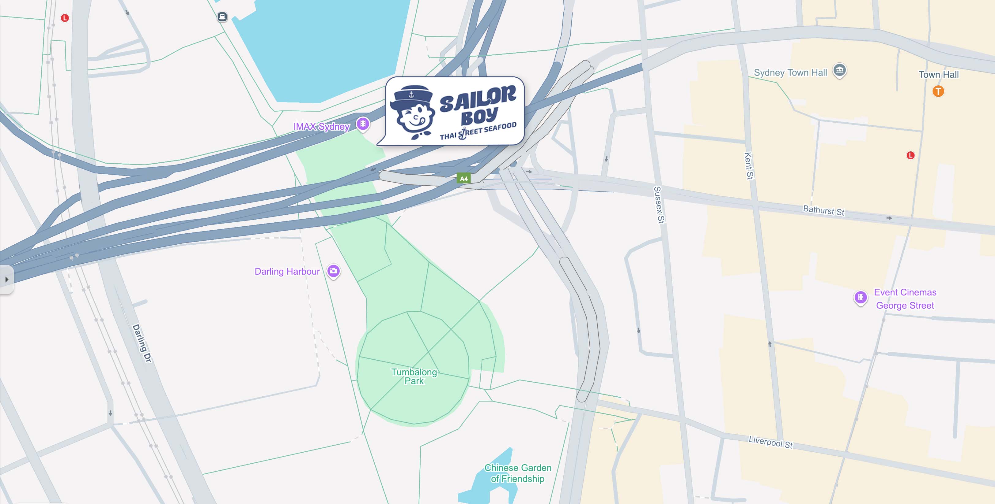 A map showing where Sailor Boy Thai is located right next door to Imax Darling Harbour, Sydney