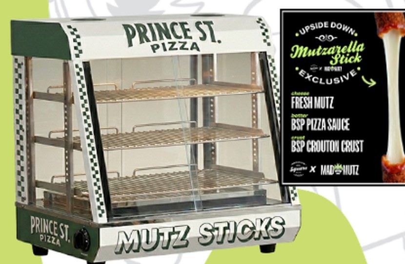 Branded Prince St. Pizza Mutz Sticks warmer and Brooklyn Square upside down mutzarella stick menu card