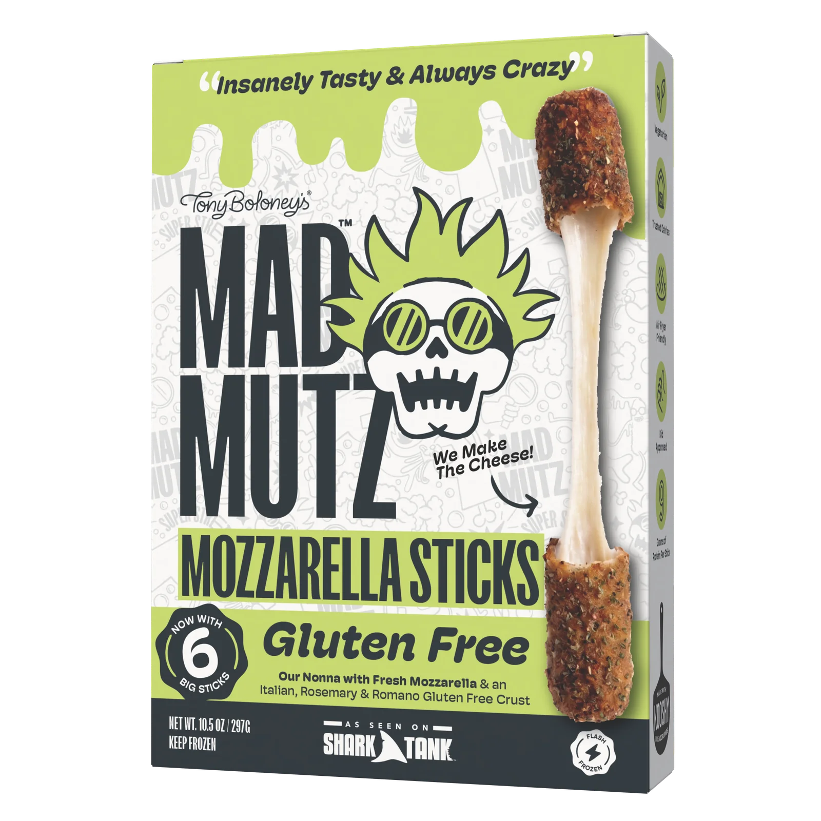 Gluten Free Nonna Mad Mutz mozzarella sticks box, 6 big sticks