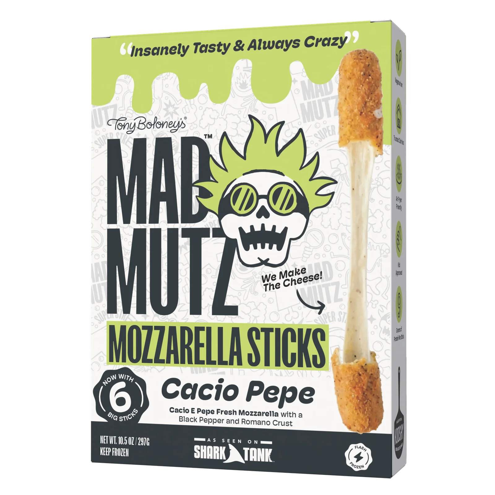 The Cacio Pepe Mad Mutz mozzarella sticks box, 6 big sticks