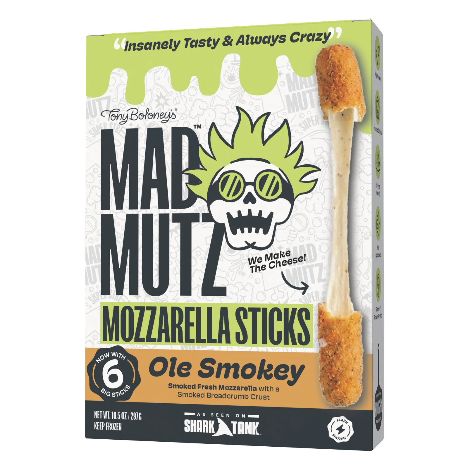 The Ole' Smokey Mad Mutz mozzarella sticks box, 6 big sticks