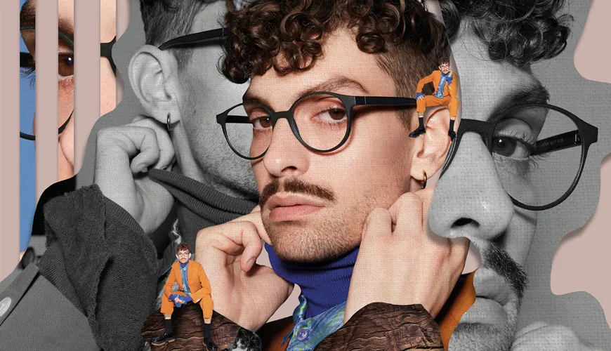 Stylized portrait with multiple layered views of a person wearing glasses