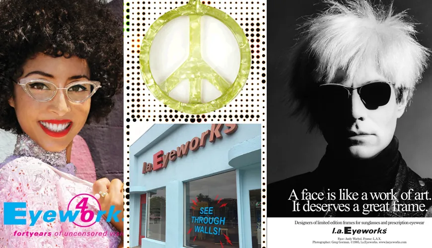 Eyeworks advertisement featuring diverse styles, peace symbol, and storefront