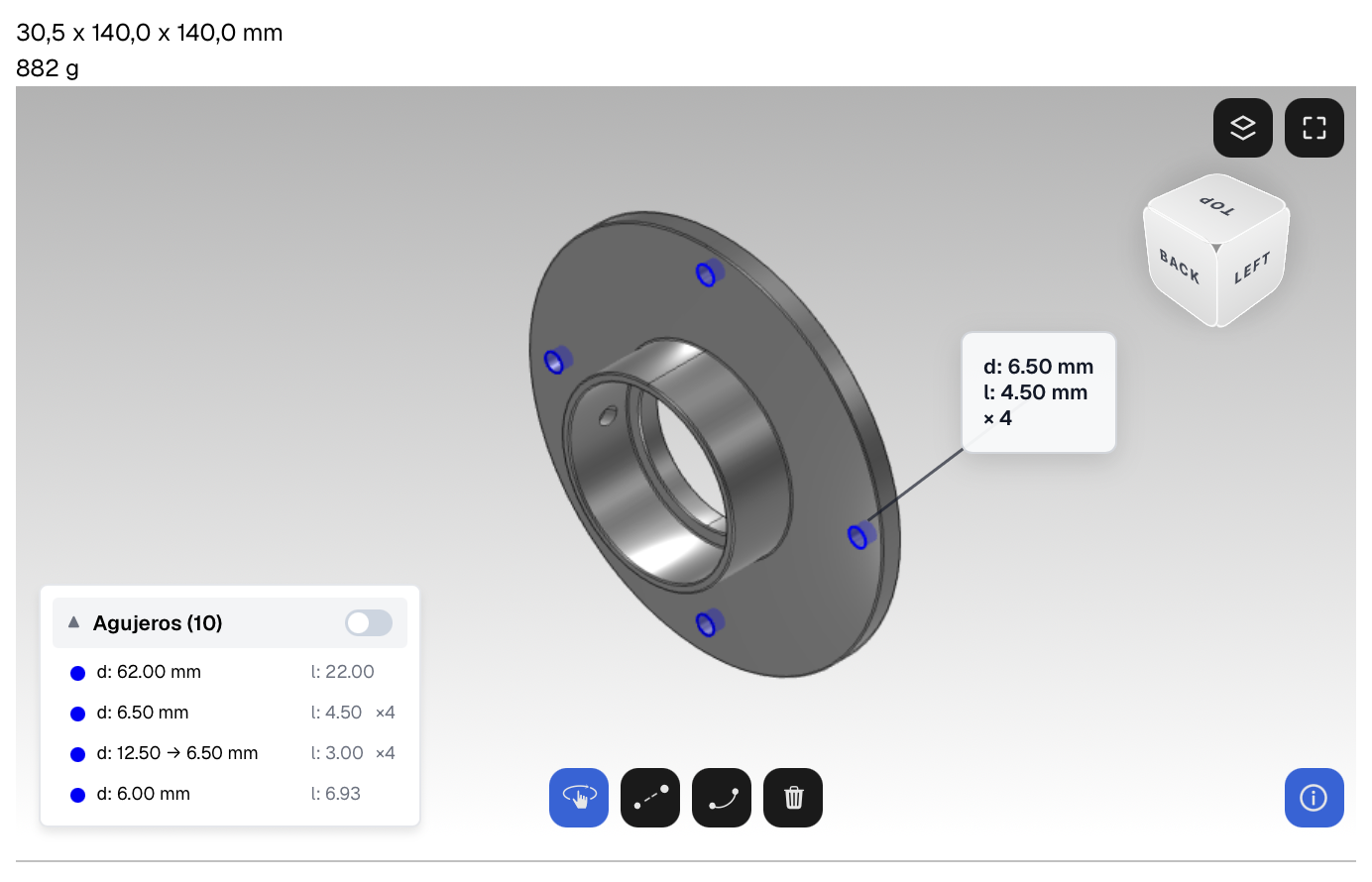 Visualizador 3D de Fabriqer con los agujeros de la pieza detectados automáticamente, con diámetros y profundidades