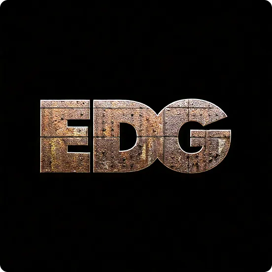 Metallic textured letters spelling 'EDG' on a black background.