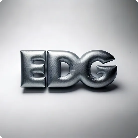 Three black metallic balloon letters forming the abbreviation 'EDG' on a white background.