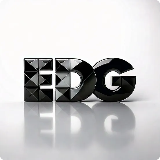 Black 3D letters 'EDG' with a glossy and faceted texture reflected on a shiny white surface.