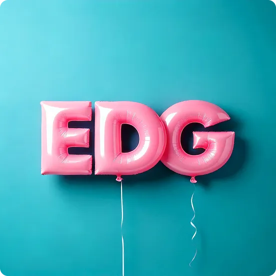 Pink foil balloons spelling the letters E, D, and G against a teal background.