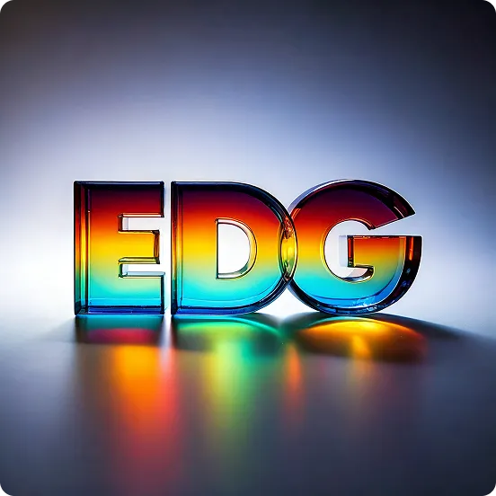 3D glass letters E, D, and G with a translucent rainbow gradient and colorful reflections on a smooth surface.