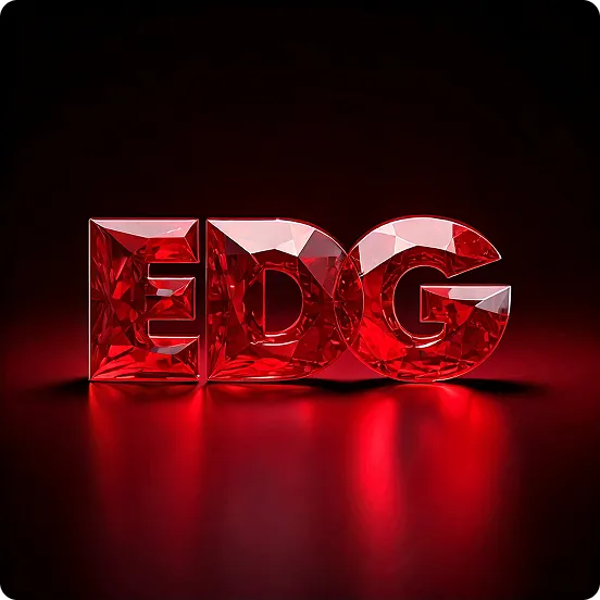 Shiny red crystal letters spelling 'EDG' on a dark reflective surface.