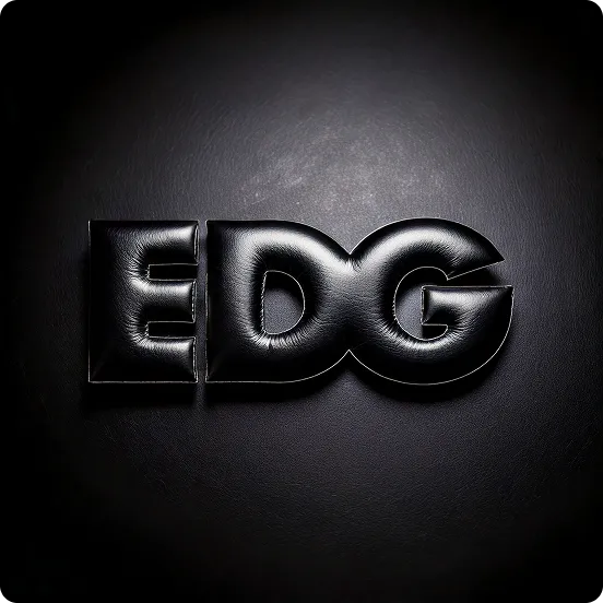 Black leather-textured 3D letters spelling 'EDG' on a dark background.