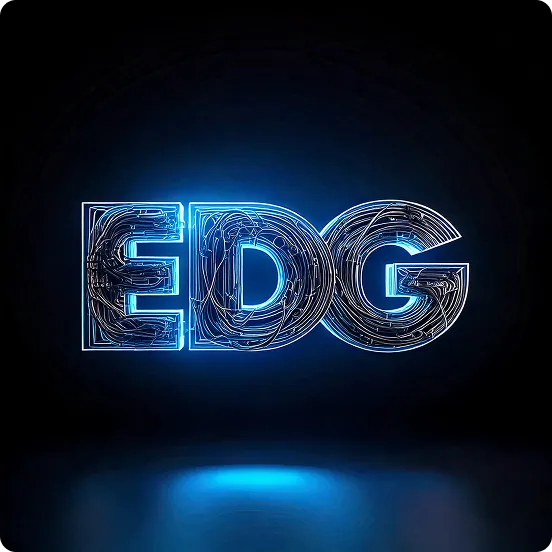 Glowing blue outlined letters spelling 'EDG' with intricate circuit-like lines inside on a black background.