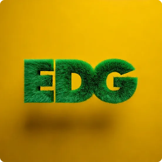 Green fuzzy 3D letters E, D, and G floating against a yellow background.