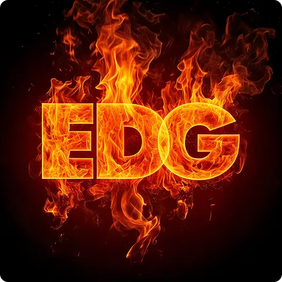 The bold word 'EDG' engulfed in bright orange flames against a black background.