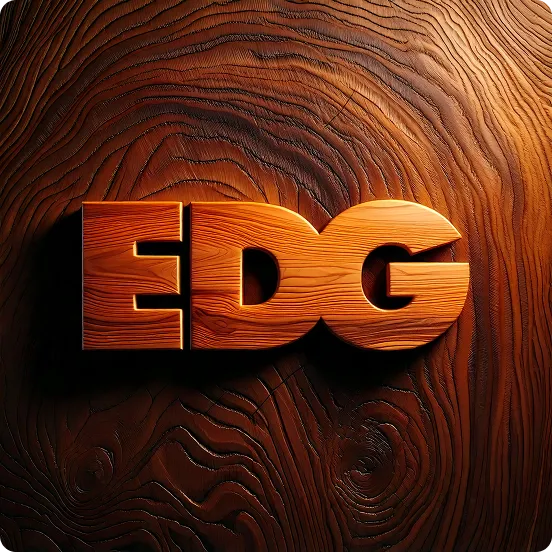 3D wooden letters E, D, and G on a textured wooden surface.