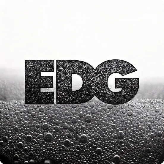 The word 'EDG' filled with close-up black water droplets on a gradient background.