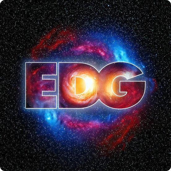 The letters E, D, and G filled with a colorful galaxy swirl against a starry black space background.