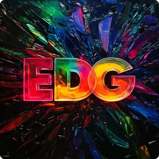 Colorful translucent letters E, D, and G illuminated against a dark, fragmented background with vibrant light reflections.