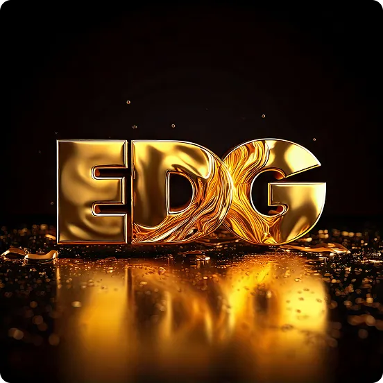Shiny golden 3D letters forming the word 'EDG' with reflective surface and liquid gold details on a dark background.