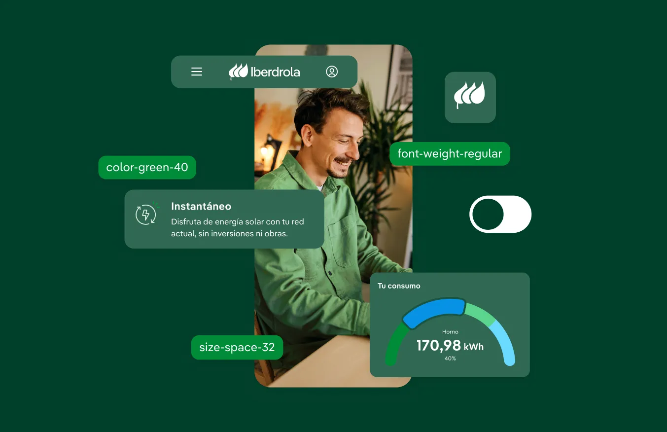 Smiling man in a green shirt working on a laptop with energy consumption and solar power interface elements around him.