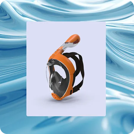Orange and black full-face snorkel mask with adjustable straps.