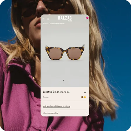 Online product page for Balzac Paris showing tortoise-patterned Simone sunglasses with brown lenses on a white background.