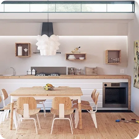 Minimalist kitchen with wooden dining table and chairs, white cabinets, open shelves, and a modern pendant light overhead.