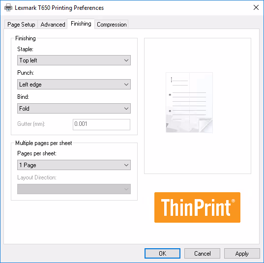 Finishing options in the print dialog box of ThinPrint Output Gateway
